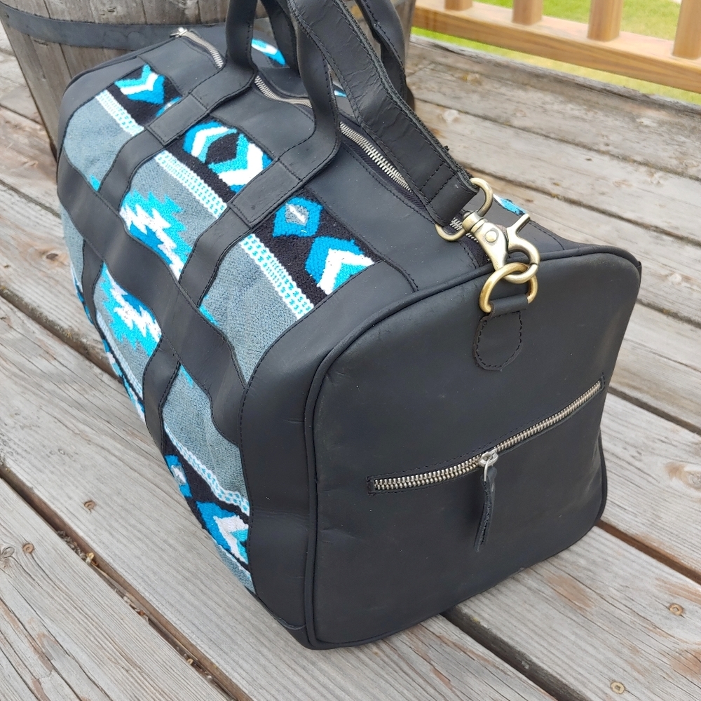 Handmade Saddle Blanket leather duffel bag black turquoise travel boho - Picture 7 of 12